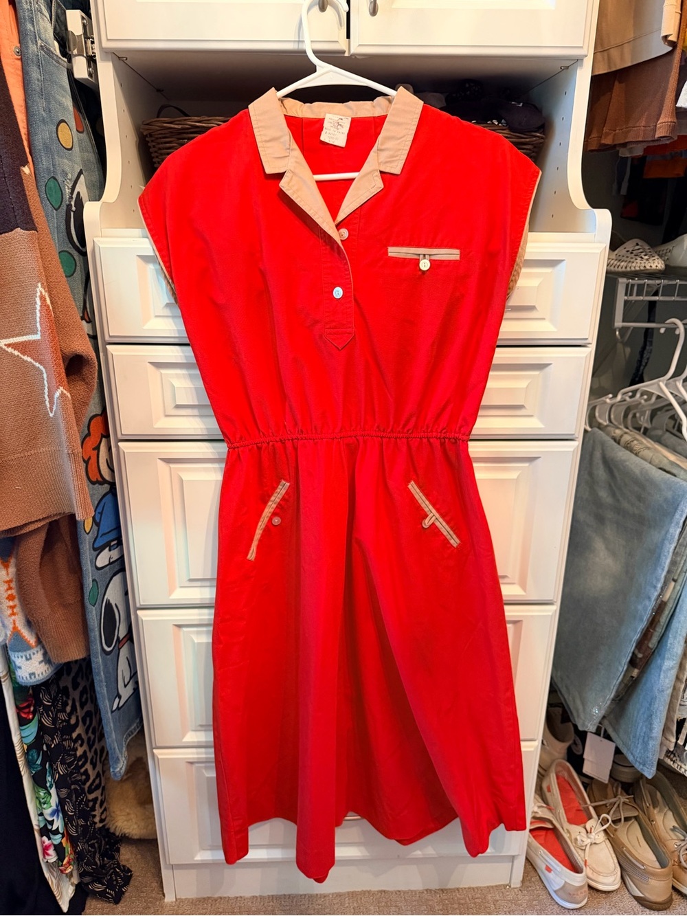 Vintage Bright Red Collared Dress with Contrast Trim
